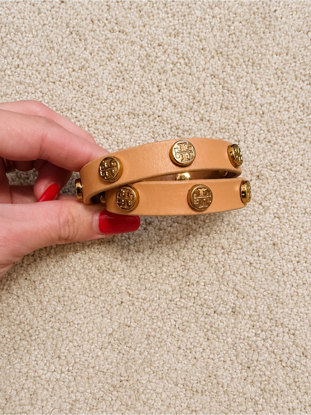 Tory Burch Tan Leather Double-Wrap Bracelet with Gold Logo Studs